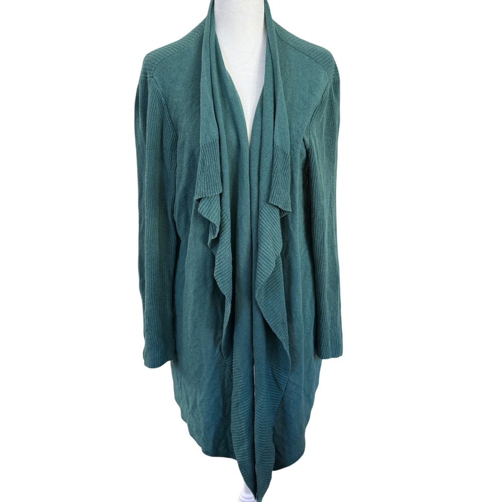 Eileen Fisher Italian Yarn Open Front Cardigan Teal Green L Cotton‎ Silk Blend